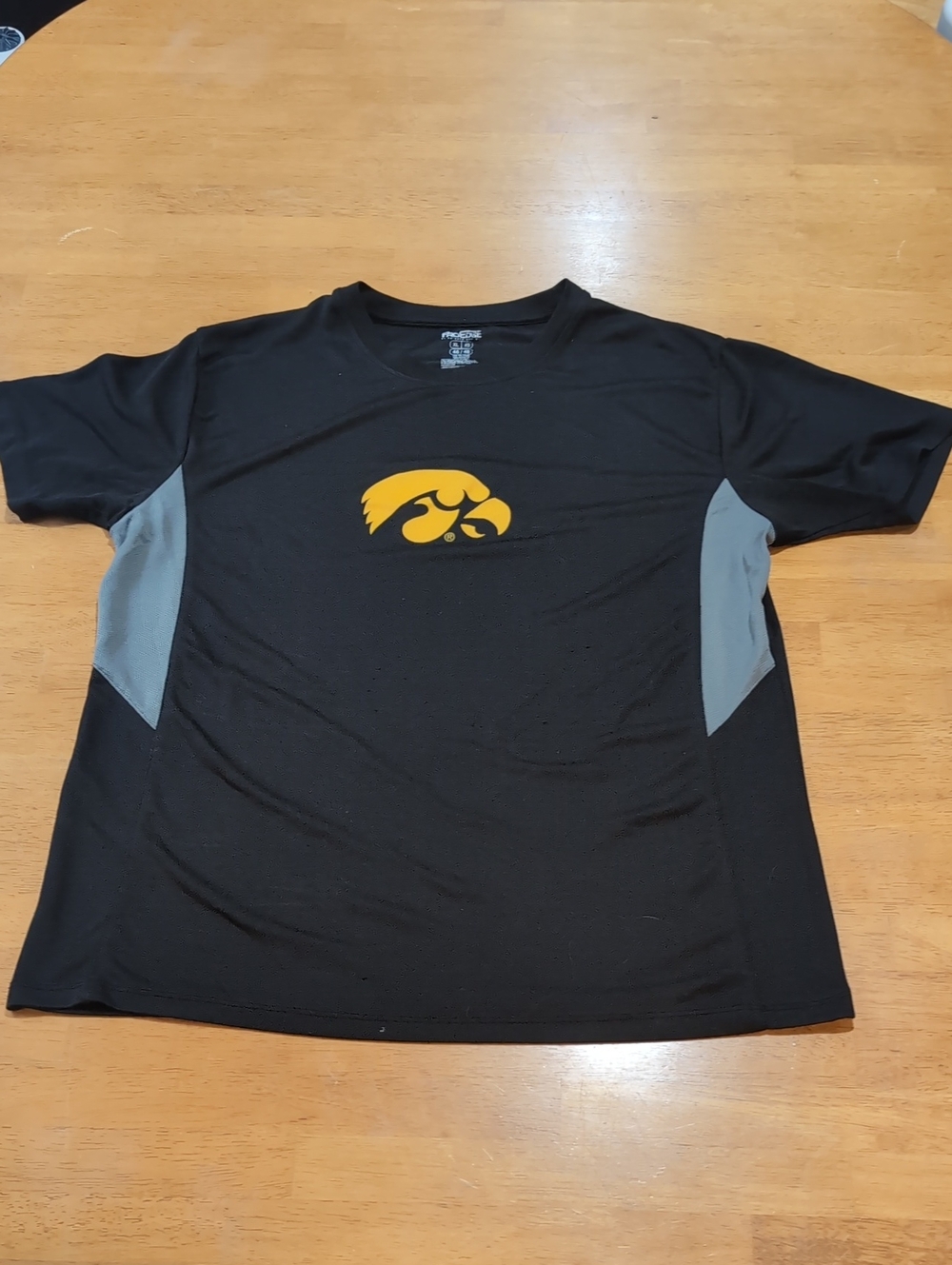 Iowa Hawkeyes Black Athletic Tee with Gold Logo and Gray Panels